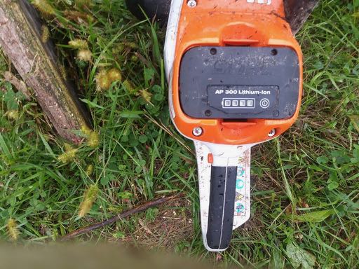 Image of chainsaw with two of four batter indicators lit.