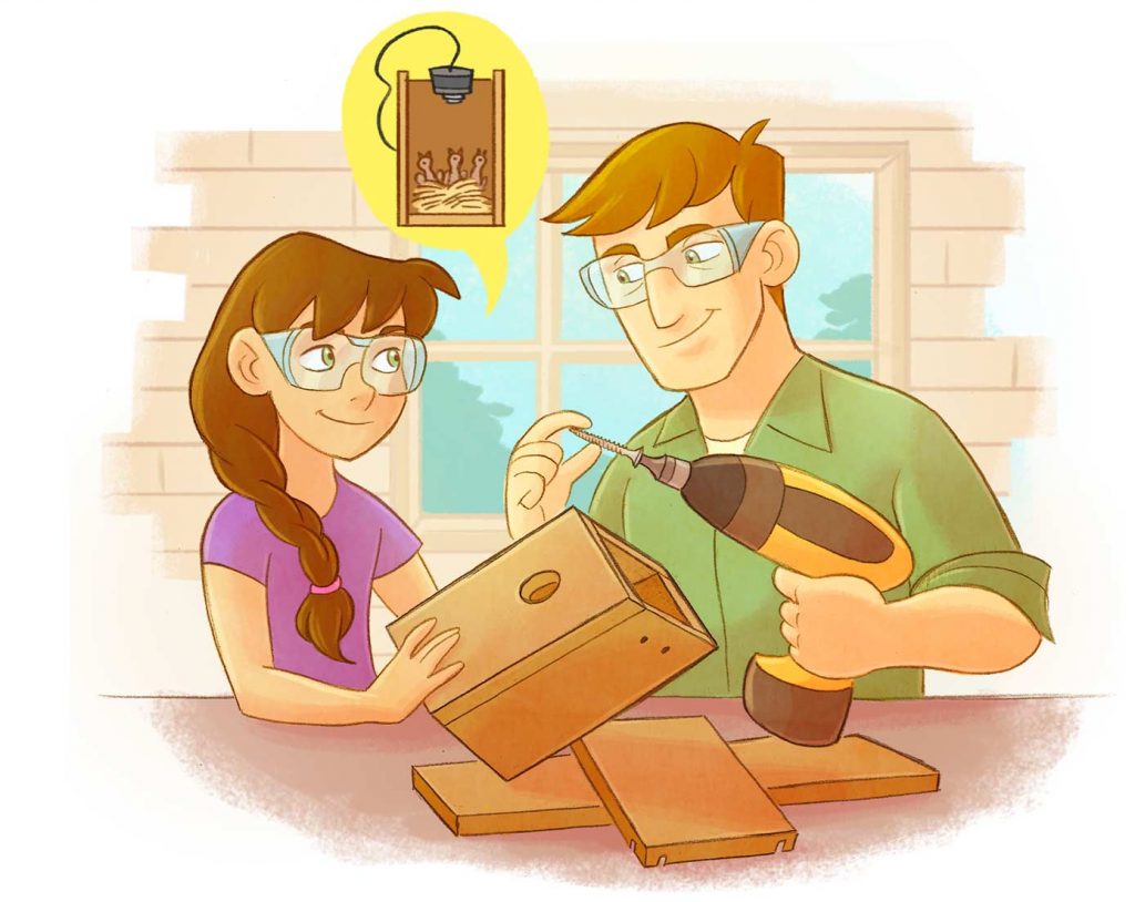 color drawing of two people building a nest cam equipped birdhouse